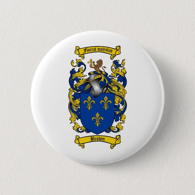 BROWN FAMILY CREST -  BROWN COAT OF ARMS 6 CM ROUND BADGE (Front)