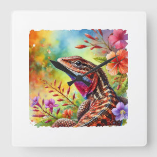Brown Fan Throated Lizard 110724AREF108 - Watercol Square Wall Clock