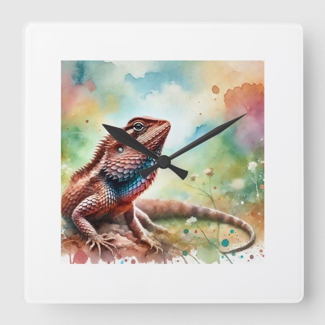 Brown Fanthroated Lizard 231024AREF133 - Watercolo Square Wall Clock (Front)