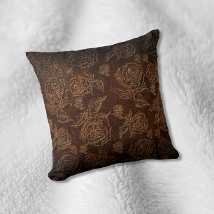 Brown Faux Embossed Rose Leather Cushion