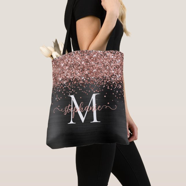 Brown Faux-Glitter Girly Glam Black Personalised Tote Bag (Close Up)