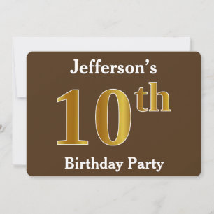 Brown, Faux Gold 10th Birthday Party; Custom Name Invitation