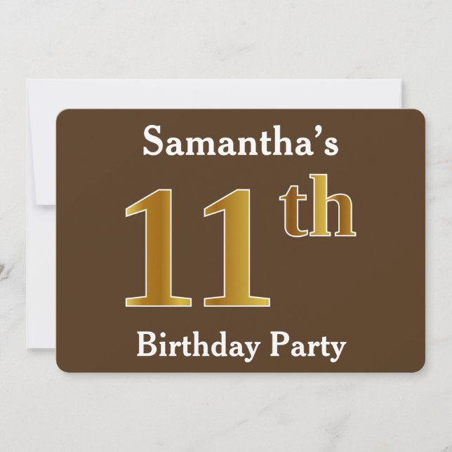 Brown, Faux Gold 11th Birthday Party; Custom Name Invitation (Front)