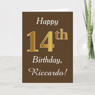 Brown, Faux Gold 14th Birthday + Custom Name Card