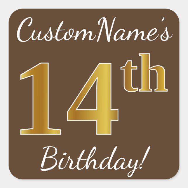 Brown, Faux Gold 14th Birthday + Custom Name Square Sticker (Front)