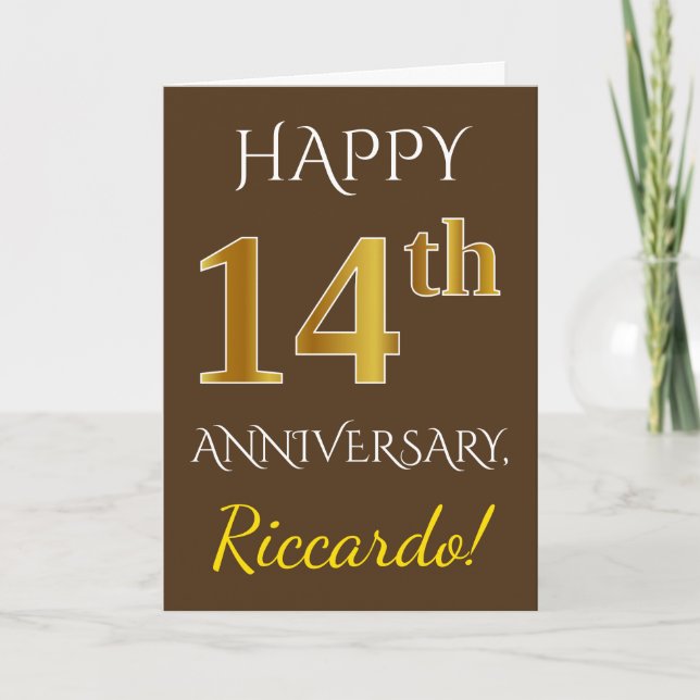 Brown, Faux Gold 14th Wedding Anniversary + Name Card (Front)