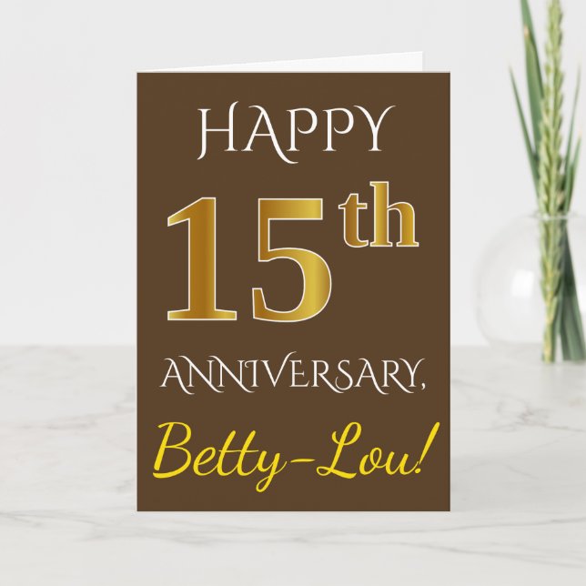 Brown, Faux Gold 15th Wedding Anniversary + Name Card (Front)
