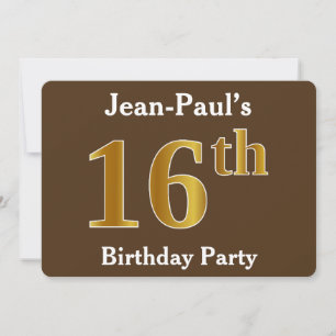 Brown, Faux Gold 16th Birthday Party; Custom Name Invitation