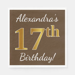 Brown, Faux Gold 17th Birthday + Custom Name Napkin