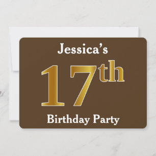Brown, Faux Gold 17th Birthday Party; Custom Name Invitation
