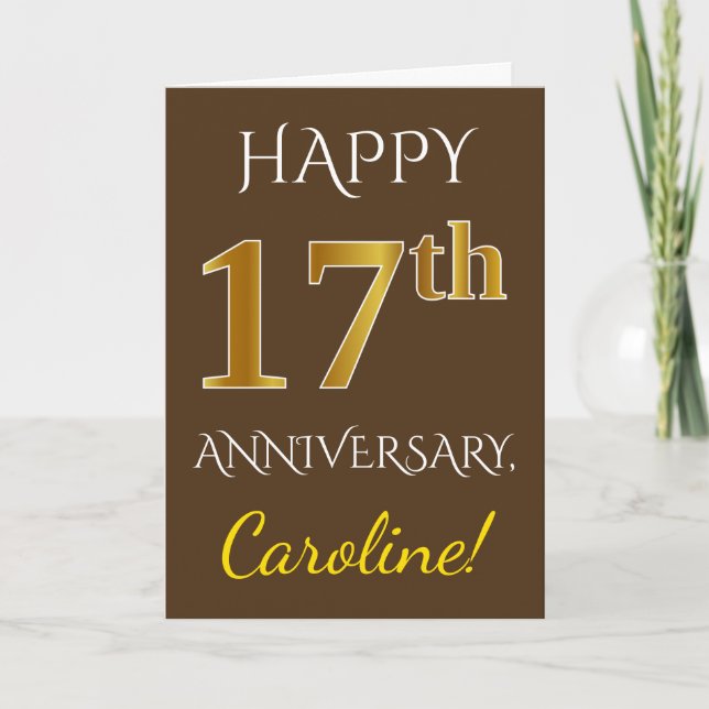 Brown, Faux Gold 17th Wedding Anniversary + Name Card (Front)