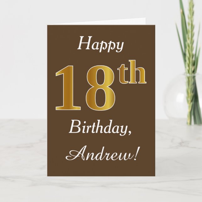 Brown, Faux Gold 18th Birthday + Custom Name Card (Front)