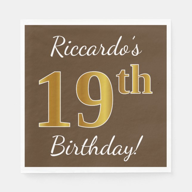 Brown, Faux Gold 19th Birthday + Custom Name Napkin (Front)