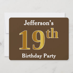 Brown, Faux Gold 19th Birthday Party; Custom Name Invitation