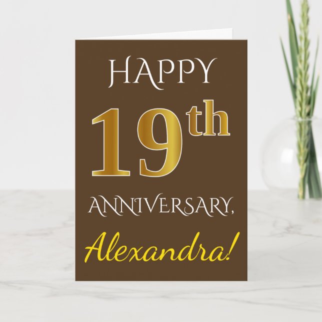 Brown, Faux Gold 19th Wedding Anniversary + Name Card (Front)