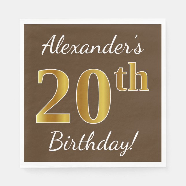 Brown, Faux Gold 20th Birthday + Custom Name Napkin (Front)