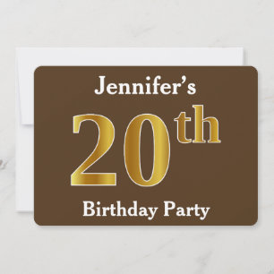 Brown, Faux Gold 20th Birthday Party; Custom Name Invitation