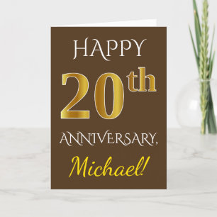 Brown, Faux Gold 20th Wedding Anniversary + Name Card