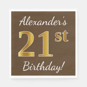 Brown, Faux Gold 21st Birthday + Custom Name Napkin