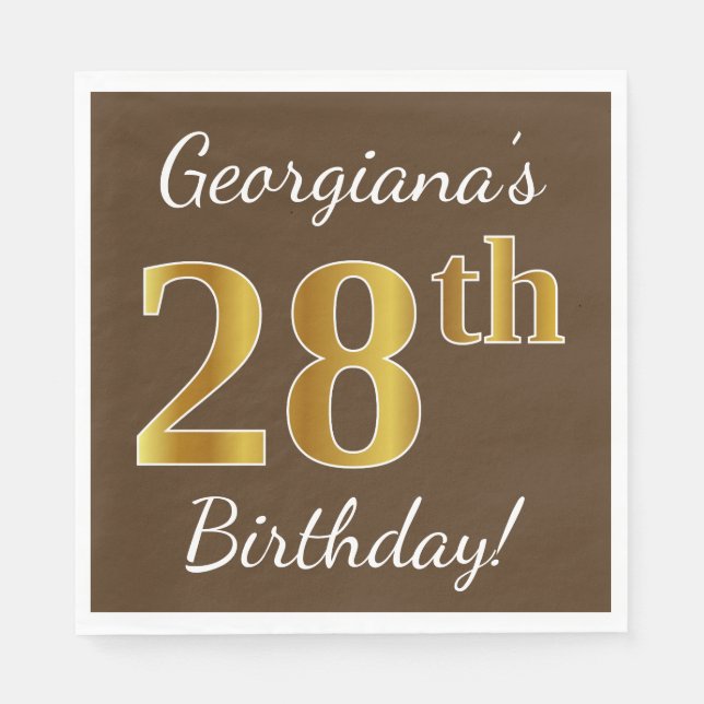 Brown, Faux Gold 28th Birthday + Custom Name Napkin (Front)