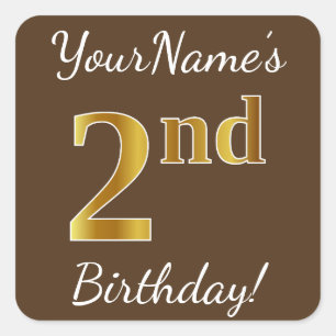 Brown, Faux Gold 2nd Birthday + Custom Name Square Sticker