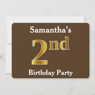 Brown, Faux Gold 2nd Birthday Party; Custom Name Invitation