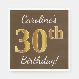 Brown, Faux Gold 30th Birthday + Custom Name Napkin