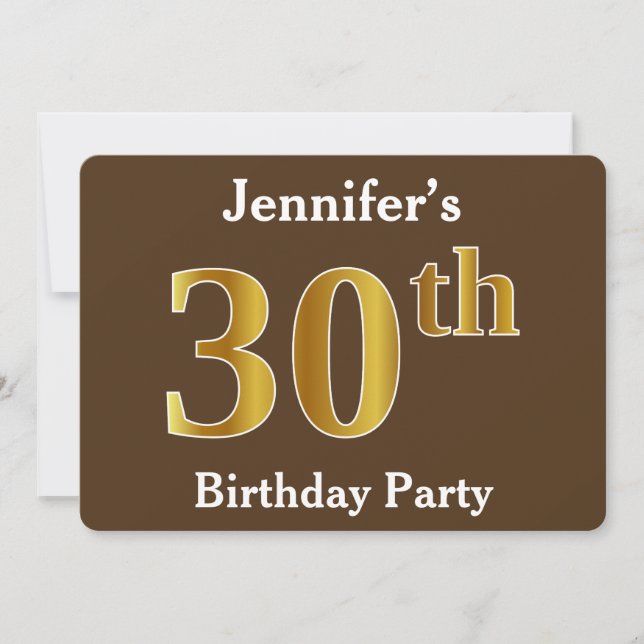 Brown, Faux Gold 30th Birthday Party; Custom Name Invitation (Front)