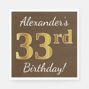 Brown, Faux Gold 33rd Birthday + Custom Name Napkin