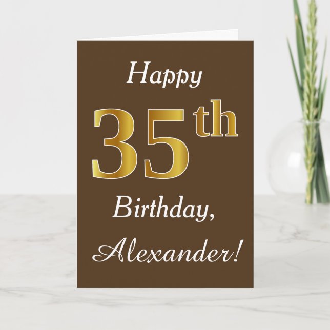 Brown, Faux Gold 35th Birthday + Custom Name Card (Front)