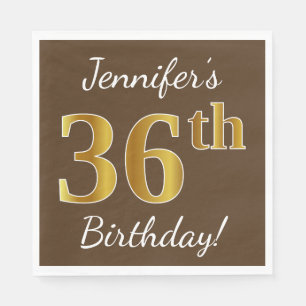 Brown, Faux Gold 36th Birthday + Custom Name Napkin