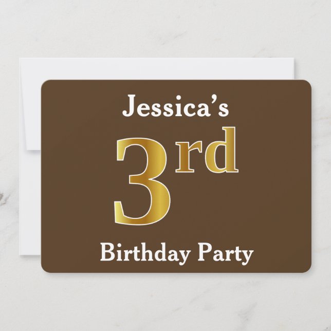 Brown, Faux Gold 3rd Birthday Party; Custom Name Invitation (Front)