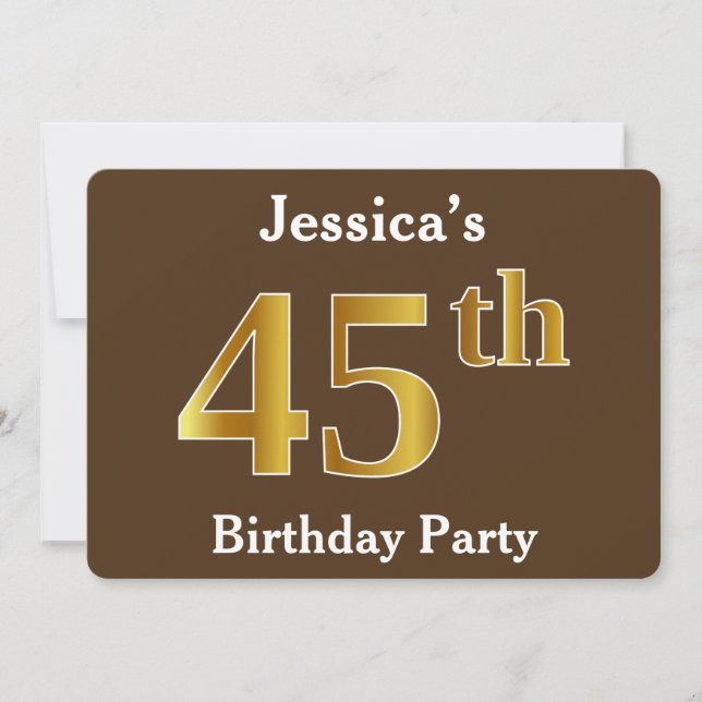 Brown, Faux Gold 45th Birthday Party; Custom Name Invitation (Front)