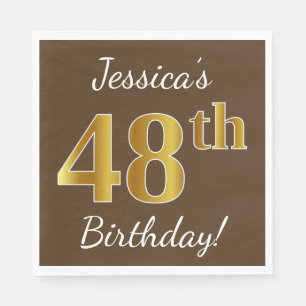 Brown, Faux Gold 48th Birthday + Custom Name Napkin