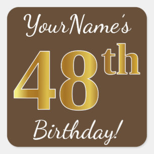 Brown, Faux Gold 48th Birthday + Custom Name Square Sticker