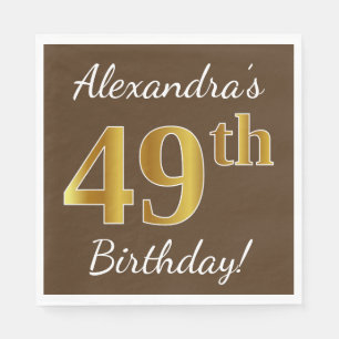 Brown, Faux Gold 49th Birthday + Custom Name Napkin