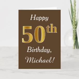 Brown, Faux Gold 50th Birthday + Custom Name Card