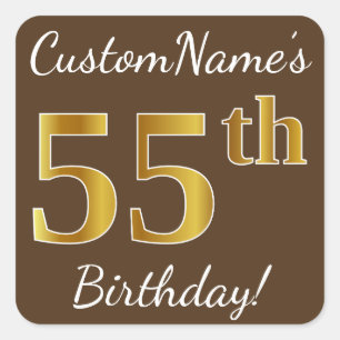 Brown, Faux Gold 55th Birthday + Custom Name Square Sticker