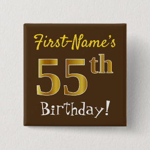 Brown, Faux Gold 55th Birthday, With Custom Name 15 Cm Square Badge