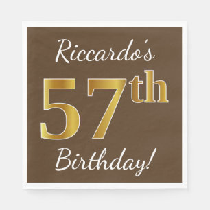 Brown, Faux Gold 57th Birthday + Custom Name Napkin