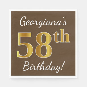 Brown, Faux Gold 58th Birthday + Custom Name Napkin
