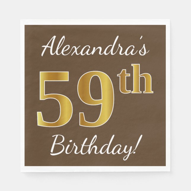 Brown, Faux Gold 59th Birthday + Custom Name Napkin (Front)