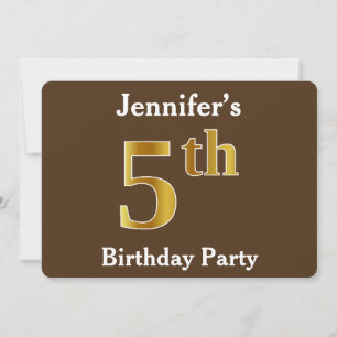 Brown, Faux Gold 5th Birthday Party; Custom Name Invitation