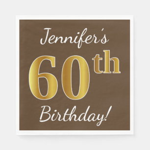 Brown, Faux Gold 60th Birthday + Custom Name Napkin