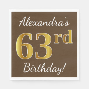 Brown, Faux Gold 63rd Birthday + Custom Name Napkin