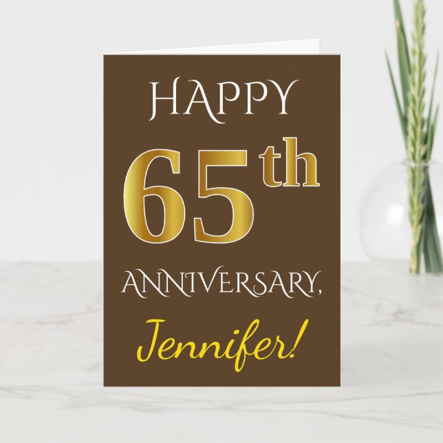 Brown, Faux Gold 65th Wedding Anniversary + Name Card (Front)