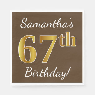 Brown, Faux Gold 67th Birthday + Custom Name Napkin