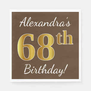 Brown, Faux Gold 68th Birthday + Custom Name Napkin