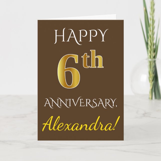 Brown, Faux Gold 6th Wedding Anniversary + Name Card (Front)