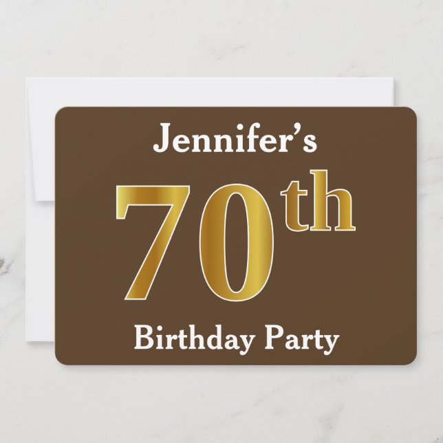 Brown, Faux Gold 70th Birthday Party; Custom Name Invitation (Front)